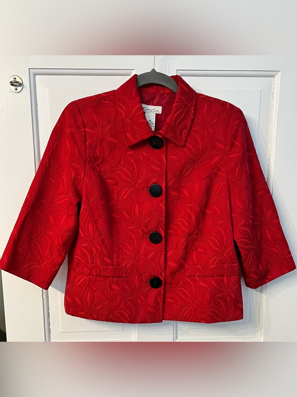 Kim Rogers Petites 6P Red Jacquard Crop Jacket 3/4 Sleeves Button Front